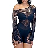 AVZXSA Women's Sexy See Through Long Sleeve Rhinestone Accent One Shoulder Cutout Mesh Lace Bodysuit Jumpsuit