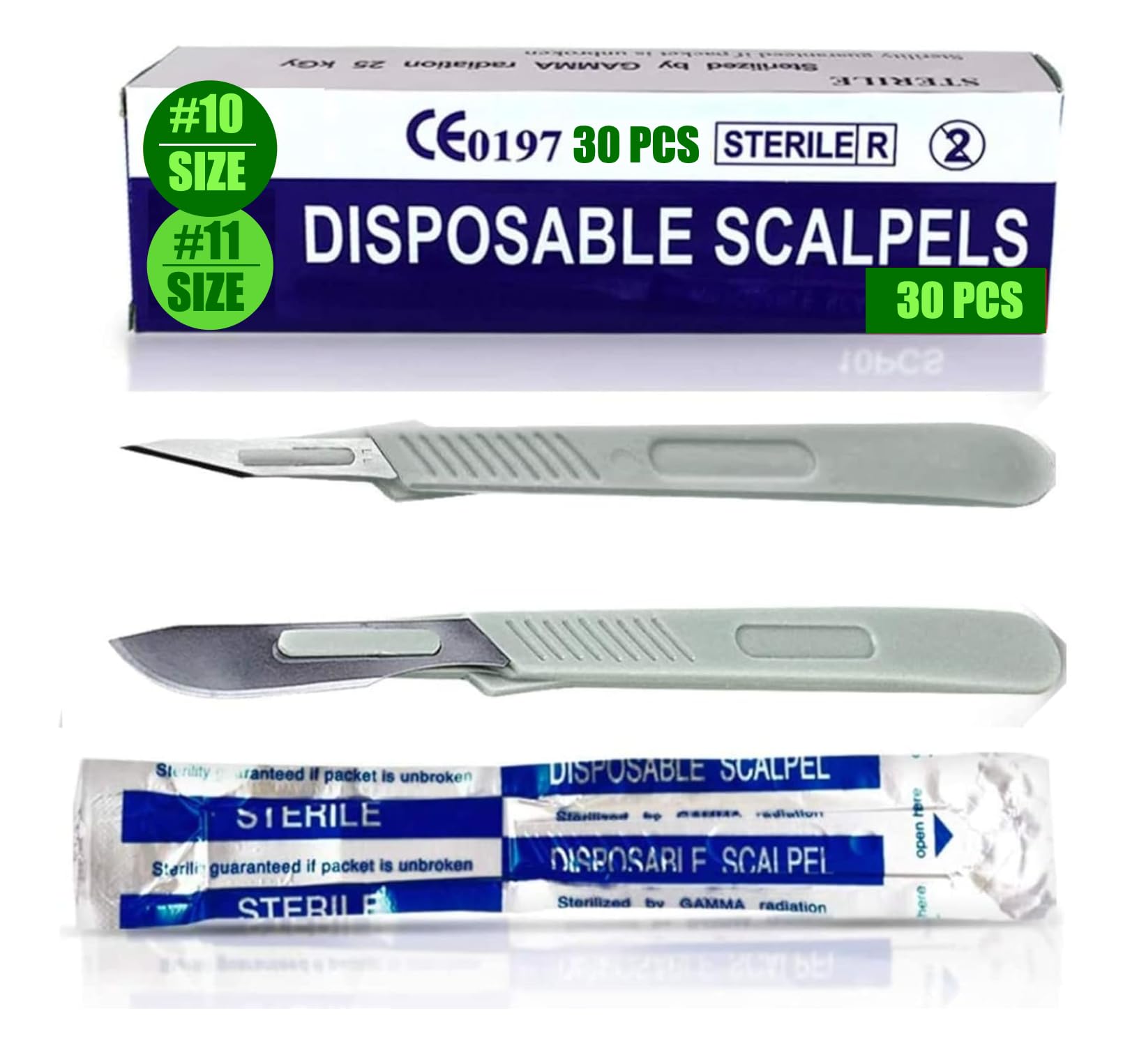 Photo 1 of MedHelp Disposable Scalpels #10 + 11 ? Box of 30 Disposable Dermaplaning Blades with Plastic Handle, Scalpel Blades, High Carbon Steel Dermablade Blades Individually Wrapped Sterile
