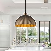 Lingkai Vintage Antique Brass Dome Pendant Light, 11.8'' Pendant Lights Kitchen Island, Hanging Ceiling Light Striped Metal S
