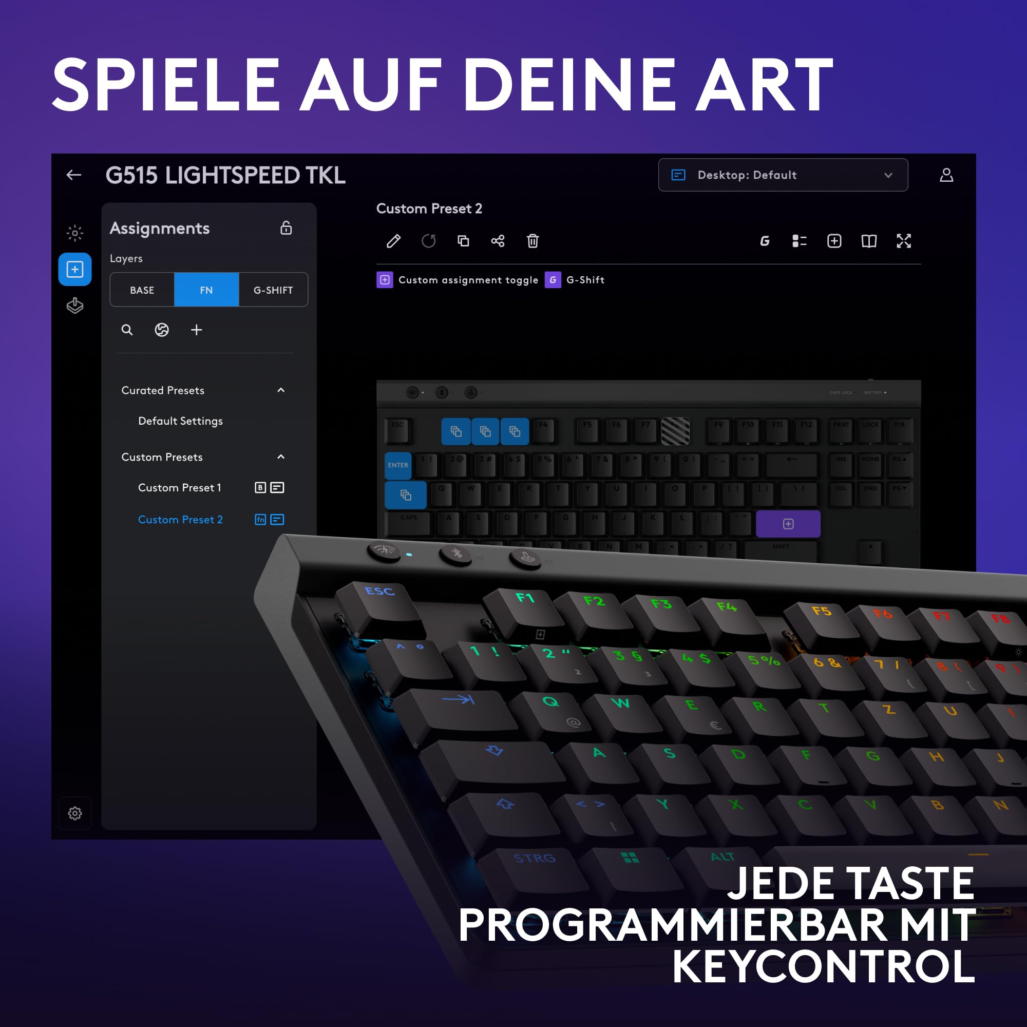 Logitech G G515 Lightspeed TKL kabellose Flache Gaming-Tastatur, LIGHTSYNC RGB, dünnes Profil ohne Ziffernblock, PBT-Tastenkappen, taktile mechanische Switches, Deutsches QWERTZ-Layout - Schwarz 7