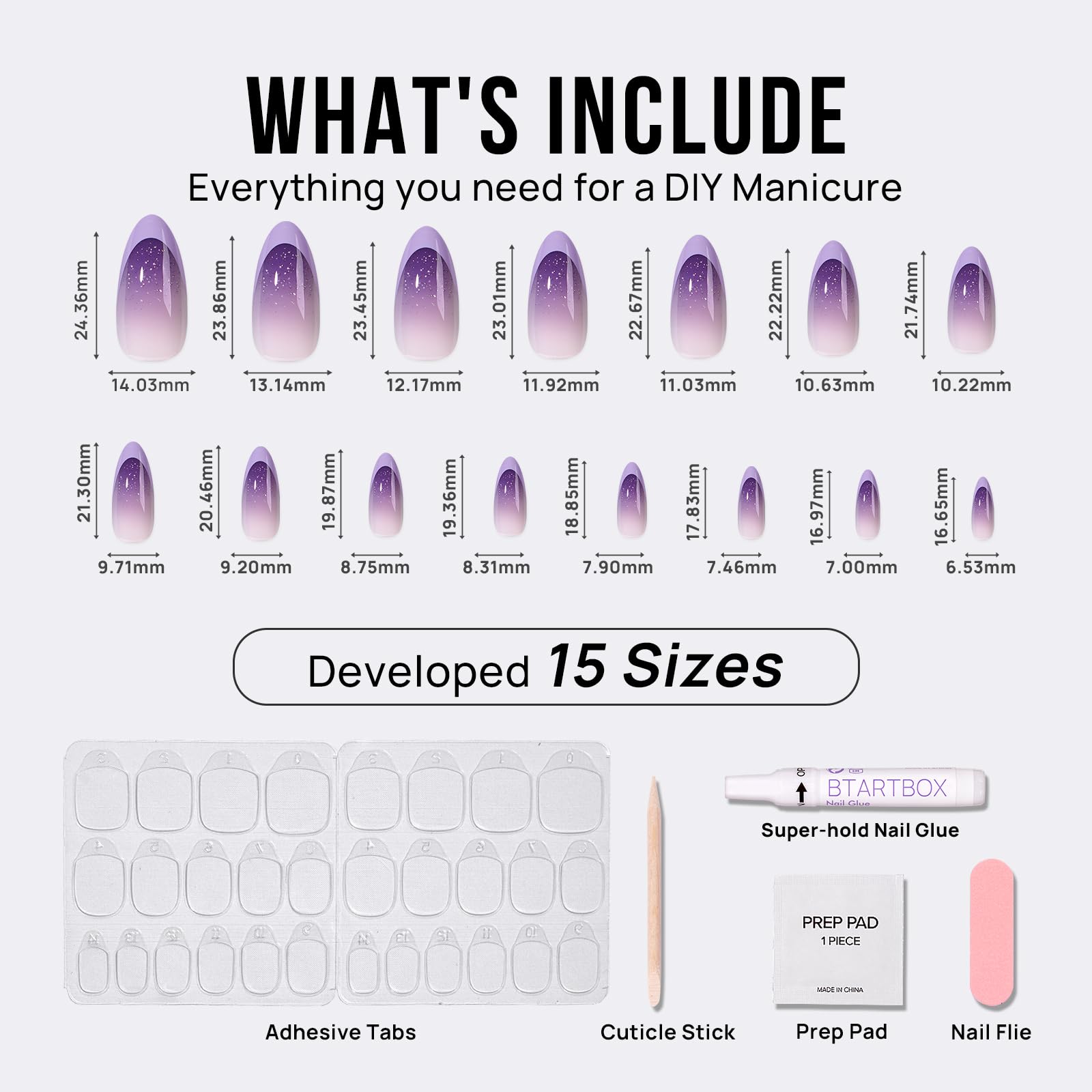 BTArtbox French Tip Press On Nails - Almond Ombre Press On Nails Medium, Glue On Nails with Glitters, Supremely Fit & Natural Reusable Stick On Nails in 15 Sizes, Twilight - Image 4