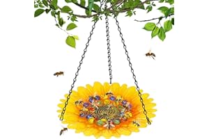 KHAYROVIES Bee Watering Station for Garden, Bee Bath Feeders for Outside with Vivid Flower Design, Hanging Butterfly Bath Bowl with Glass Balls for Outdoor Courtyard Decoration (1Pcs-Yellow)