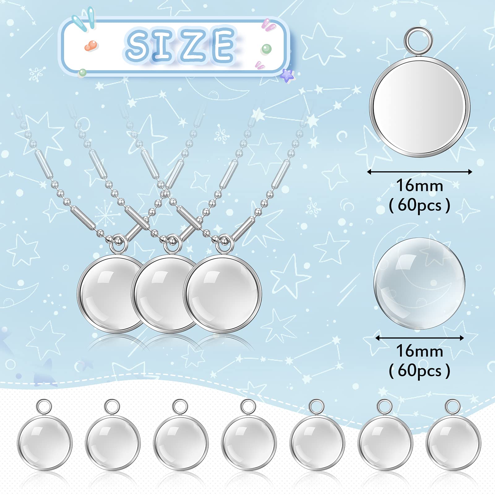 Hicarer 120 Pieces 16mm Stainless Steel Pendant Tray Blanks Kit Including 60 Pcs Silver Round Frame Tray Bases and 60 Pcs Clear Glass Cabochons Pendant for DIY Jewelry Making
