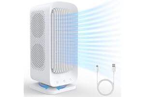 RYCHI Small Tower Fan, 45° / 90° Oscillating Fan with 5 Speeds, 1-8H Timer, Dual Air Circulation, 11 Inch USB Fan, Portable Desk fan for Indoors, Smart Display, Bladeless Fan for Bedroom, Home, Office