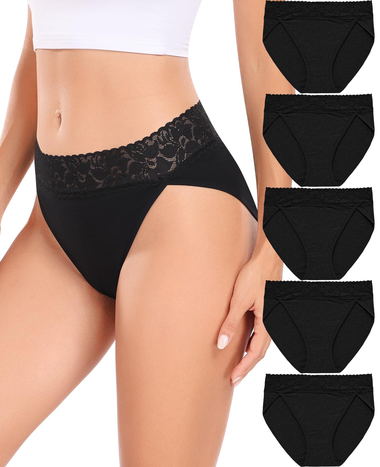 Photo 1 of RHYFF Womens Underwear Cotton Bikini Panties High Cut Lace Panty Stretch Soft Hipster Underpants Breathable Ladies Briefs S-XXL(R3168M-Black)