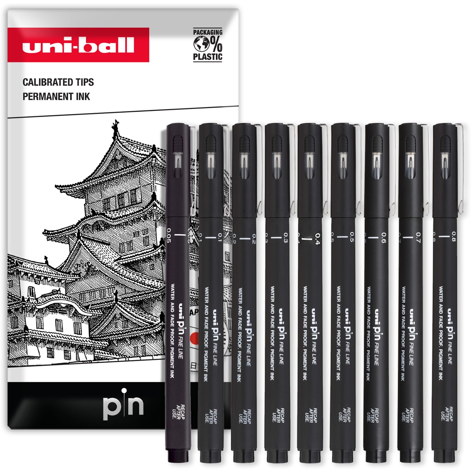 uni-ball PIN Fineliners | Black Fine Tipped Writing Pens | Water & Fade Resistant Ink | Ideal for Sketching, Scrapbooking, Outlining, Art, Technical Drawing | In Envelope Gift Bag (Pack of 9, Mixed)