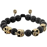 HAQUIL Punk Black Gold Plated Alloy Skull Charm Beaded Bracelet Durable Adjustable Wristband for Men