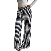 MakeMeChic Women's Striped Drawstring Elastic Waist Pants Low Rise Wide Straight Leg Y2k Fall Lounge