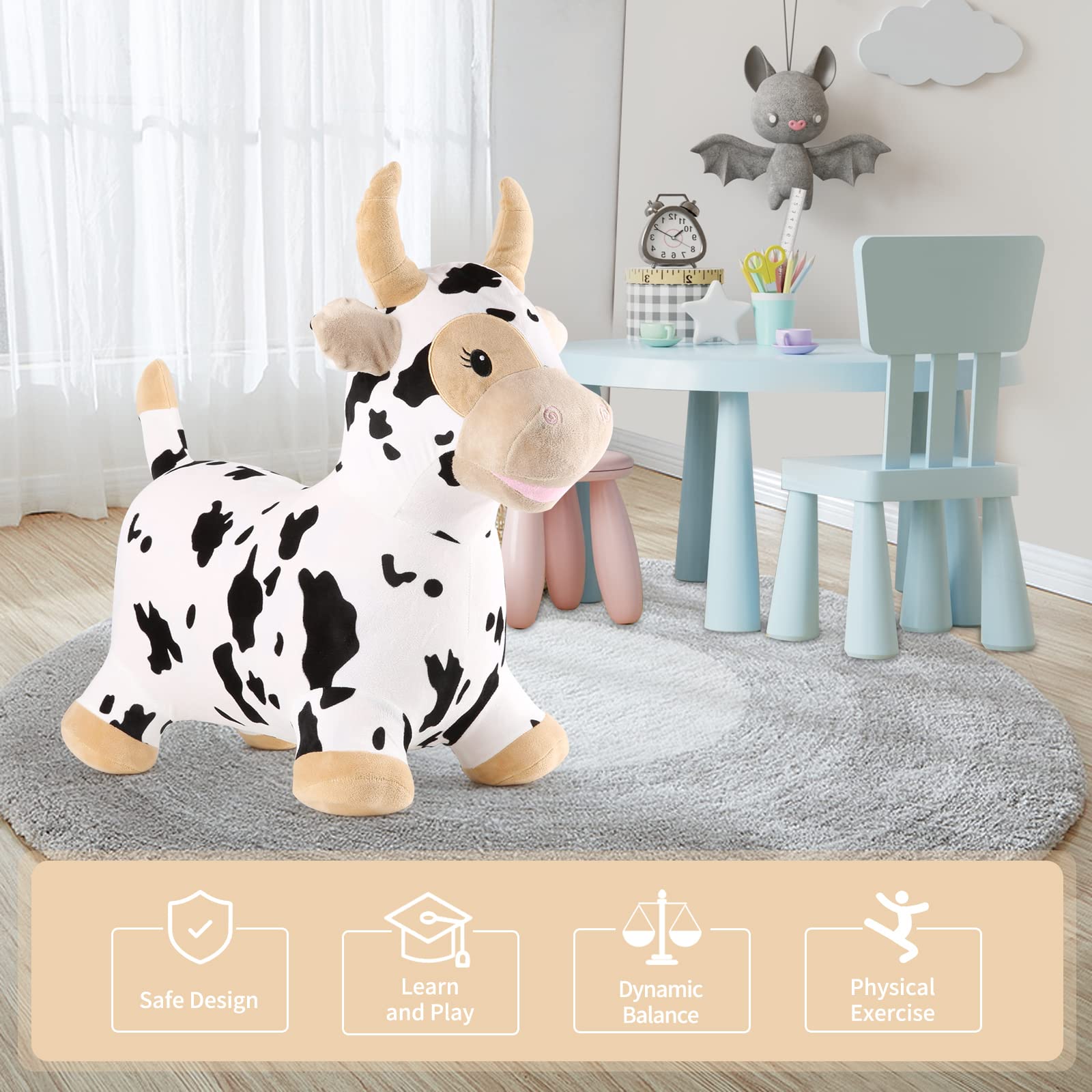 INPANY Bouncy Cow Farm Animal Hopper Toys, Toddler Plush Bouncing Inflatable Bouncer, Ride on Hopping Horse, Indoor Outdoor Cowboy Rodeo Birthday Party Decorations Gifts for 2 3 4 Year Old Girls Boys