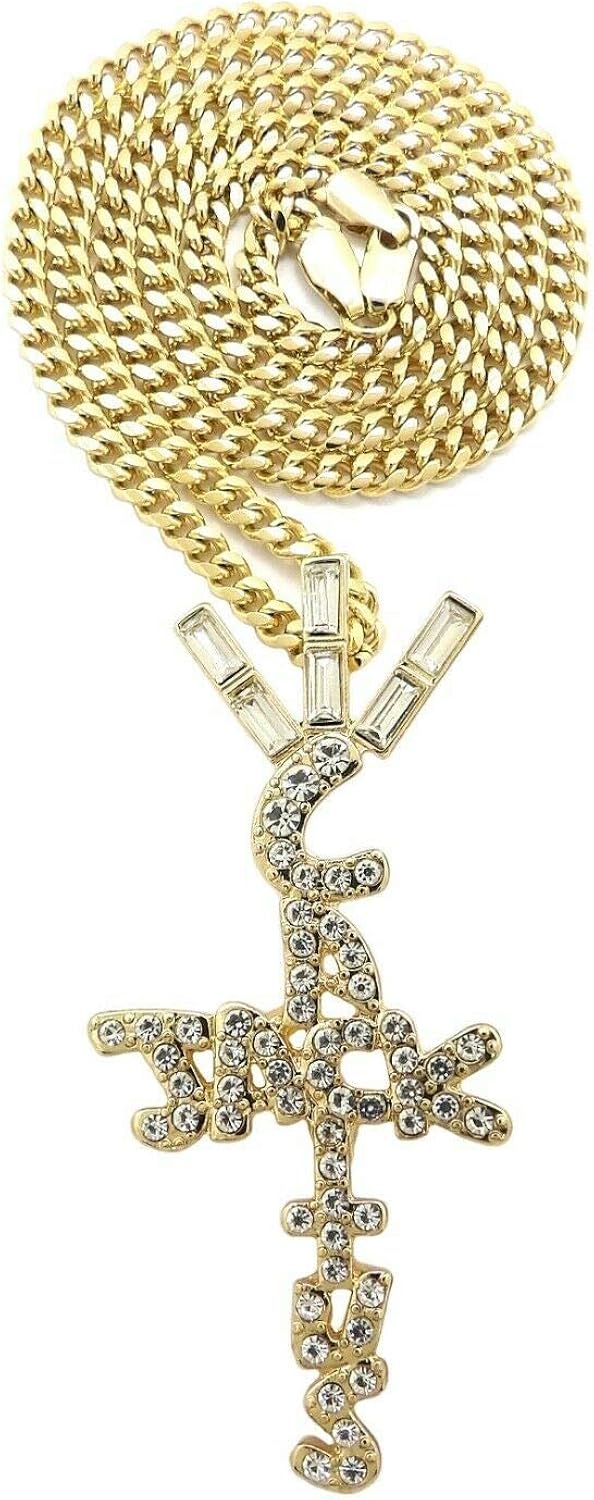 BLINGFACTORY Hip Hop Iced Crystal Cactus Jack Cross Pendant & 3mm 24" Miami Cuban Chain Necklace
