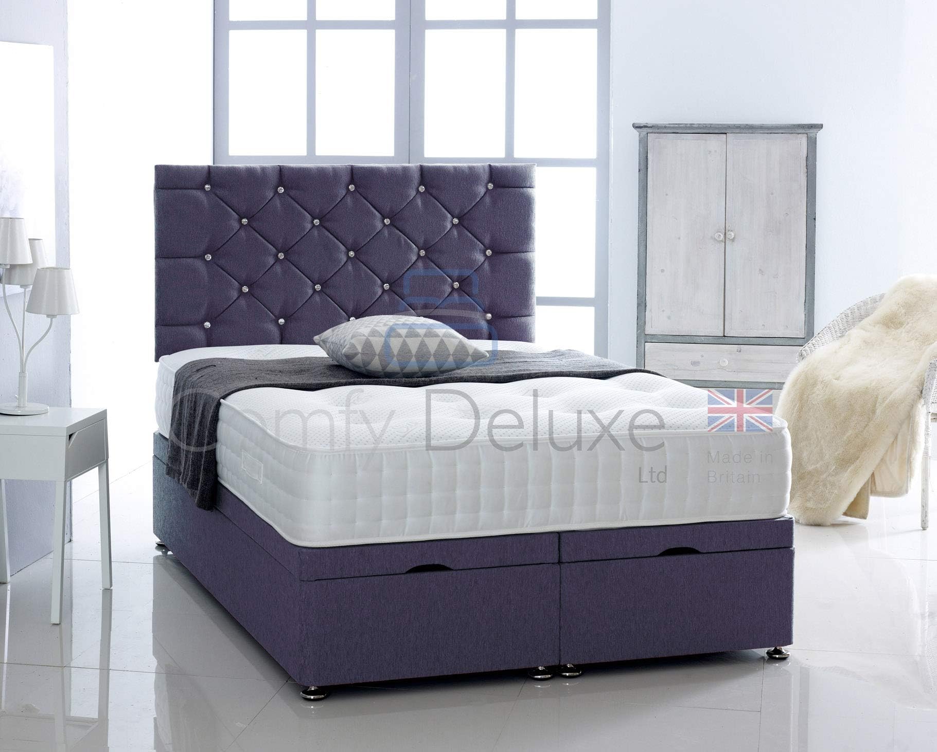 Comfy Deluxe LTD CHENILLE FABRIC OTTOMAN SIDE LIFT BED BASE WITH HEADBOARD ONLY (PURPLE, 4FT SMALL DOUBLE)