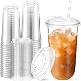Baderke 50 Sets Round Bottom Plastic Cups with Strawless Sip Lids Disposable PET Cups with Straw Slot Lids for Iced Coffee Cold Beverage Smoothie Drink Shops and Party Catering(Clear,20 oz)