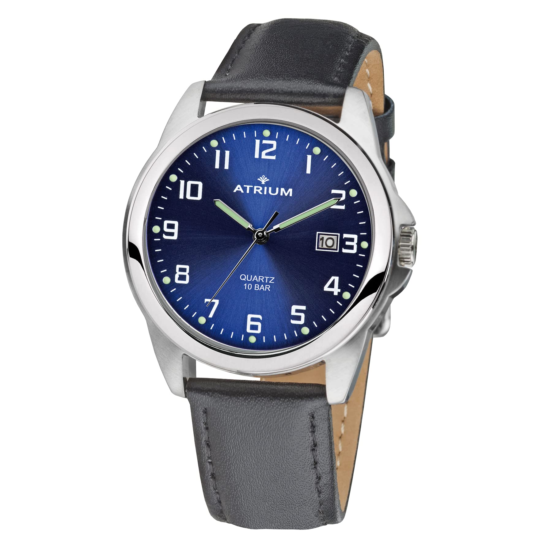 Atrium robust men's watch leather strap, 10 bar, with date display, blue dial, A16-15
