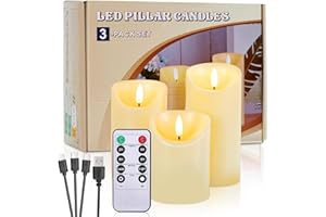 Rechargeable Pillar Candles, Type-C Charging Port Flickering Flameless Candles Set of 3, Realistic Black Wick LED Wax-like Ma
