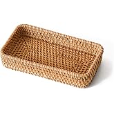 Small Rattan Serving Tray, Natural Wicker Decorative Tray Handwoven for Keys Trinkets Rings Cosmetics, Decorative Jewelry Perfume Tray for Coffee Table Entryway Living Room(8.2" × 4.3")