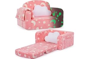 FORYOOMI Kids Couch, 2-in-1 Soft Toddler Couch Fold Out with with Blanket and Cloud Pillow, Glow in The Dark, Convertible Sofa Comfy to Lounger, Gifts for Kids Girl Boys, Medium Pink Moon
