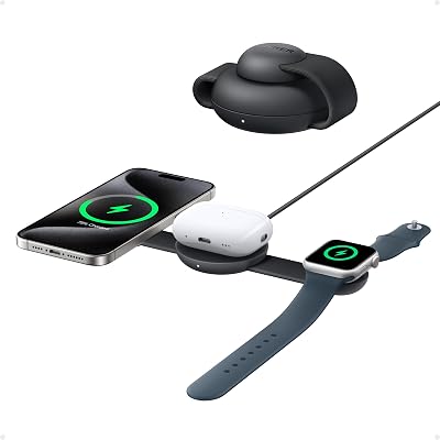 Carregador sem fios MagGo iPhone 3 em 1 estação de carregamento sem fios compatível com MagSafe Qi2 15W, base de carregamento dobrável para viagens para as séries iPhone 17/16/15/14, AirPods, Apple Watch e mais