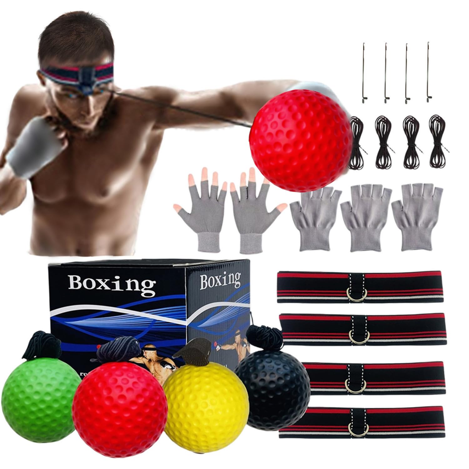 Photo 1 of Boxing Ball Headband Set for MMA Boxing Kickboxing Training Reaction Punching Balls Kit Includes 4 PU Balls+4 Elastic Headbands+4 Spare Lines+4 Gloves for All People