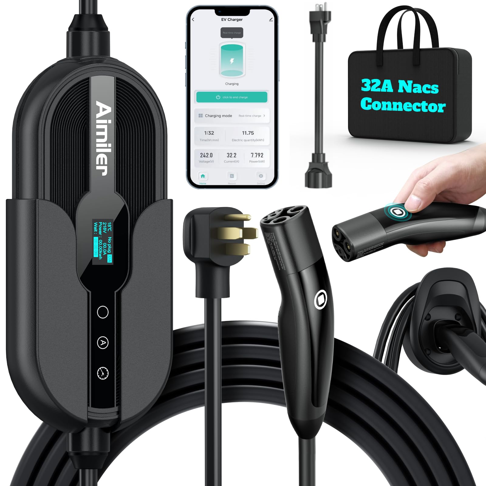 Photo 1 of AIMILER Level 2 Tesla Charger(Wireless WiFi APP), 240V, 32 Amp, NEMA 14-50 Plug, 25ft Cord - Portable/Home NACS Connector Electric Car(EV) Charger for Tesla - Compatible with Tesla Model X/Y/3/S