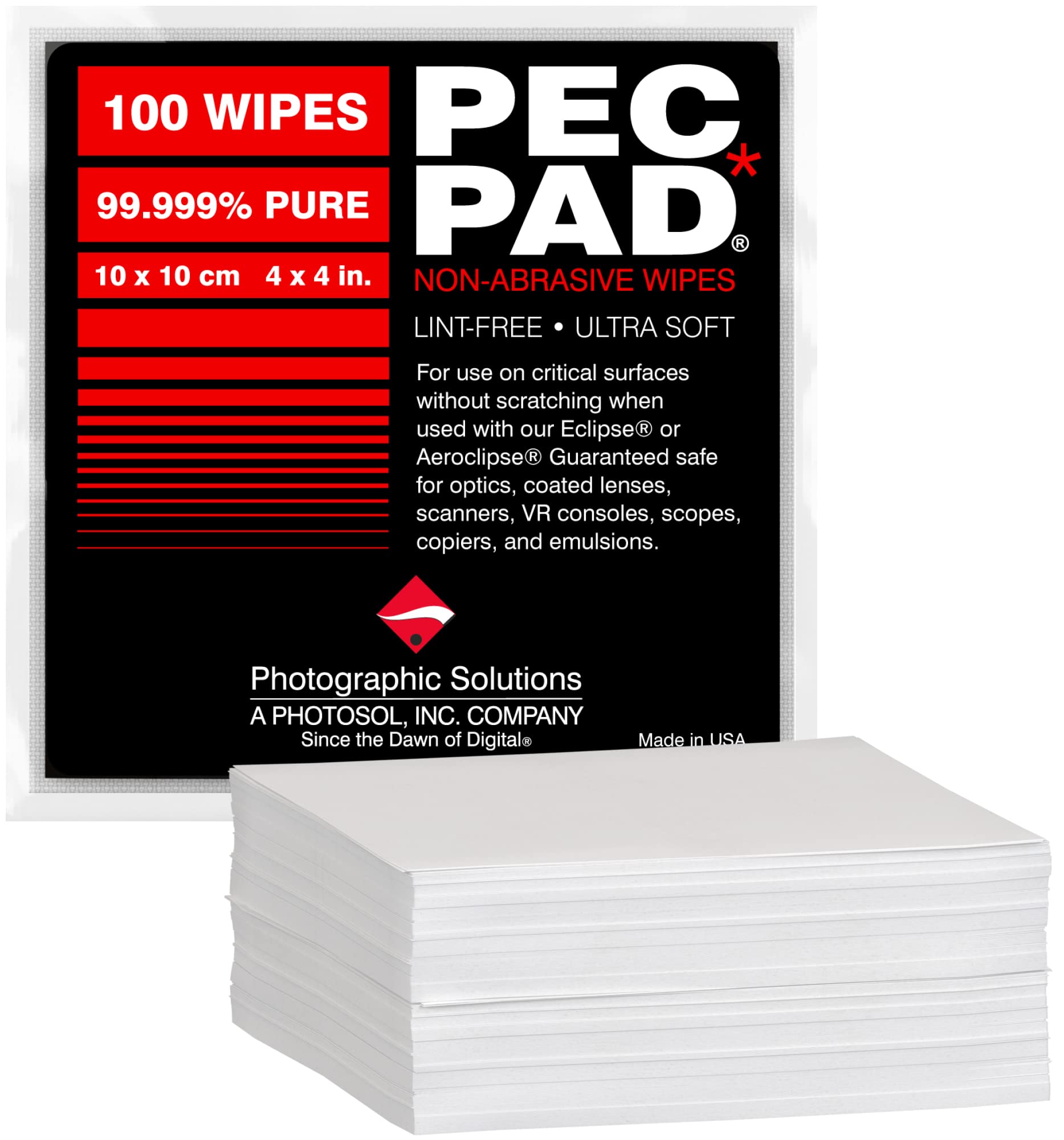 PEC-PAD Lint Free Wipes 4”x4” Non-Abrasive Ultra Soft Cloth for Cleaning Sensitive Surfaces like Camera, Lens, Filters, Film, Scanners, Telescopes, Microscopes, Binoculars. (100 Sheets Per/Pkg)