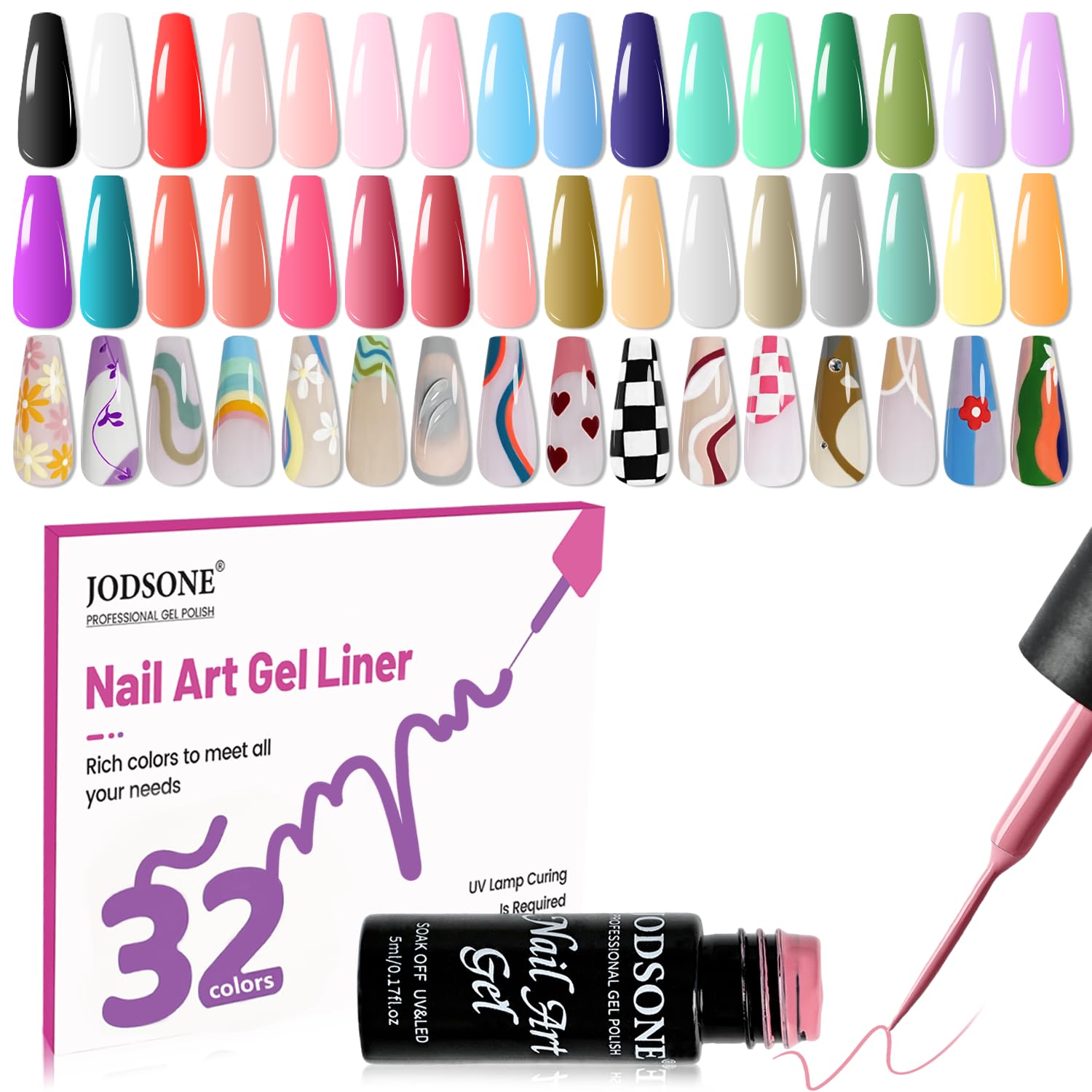 Photo 1 of JODSONE Gel Polish Nail Art Gel Liner Set 32 Colors Orange Grey Pink Green Blue White Black Need U V Lamp Cured with Thin Brush Gift for Girls