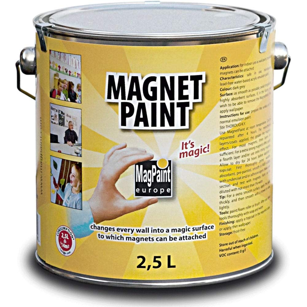 MagPaint - Magnetic Paint - Water Based Acrylic Paint - Strong Magnetic Pull - Perfect for Sticking Up Notes, Memos & Photos - Safe & Child-Friendly - Dark Grey - 5m² Coverage, 2.5L