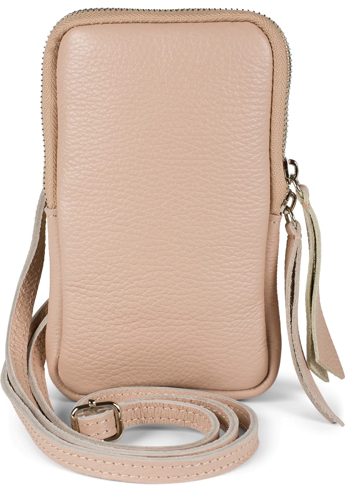styleBREAKER Ladies Leather Mobile Shoulder Bag with Grained Surface, Zipper, Genuine Leather Mini Bag 02012374, Colour:Old Rose