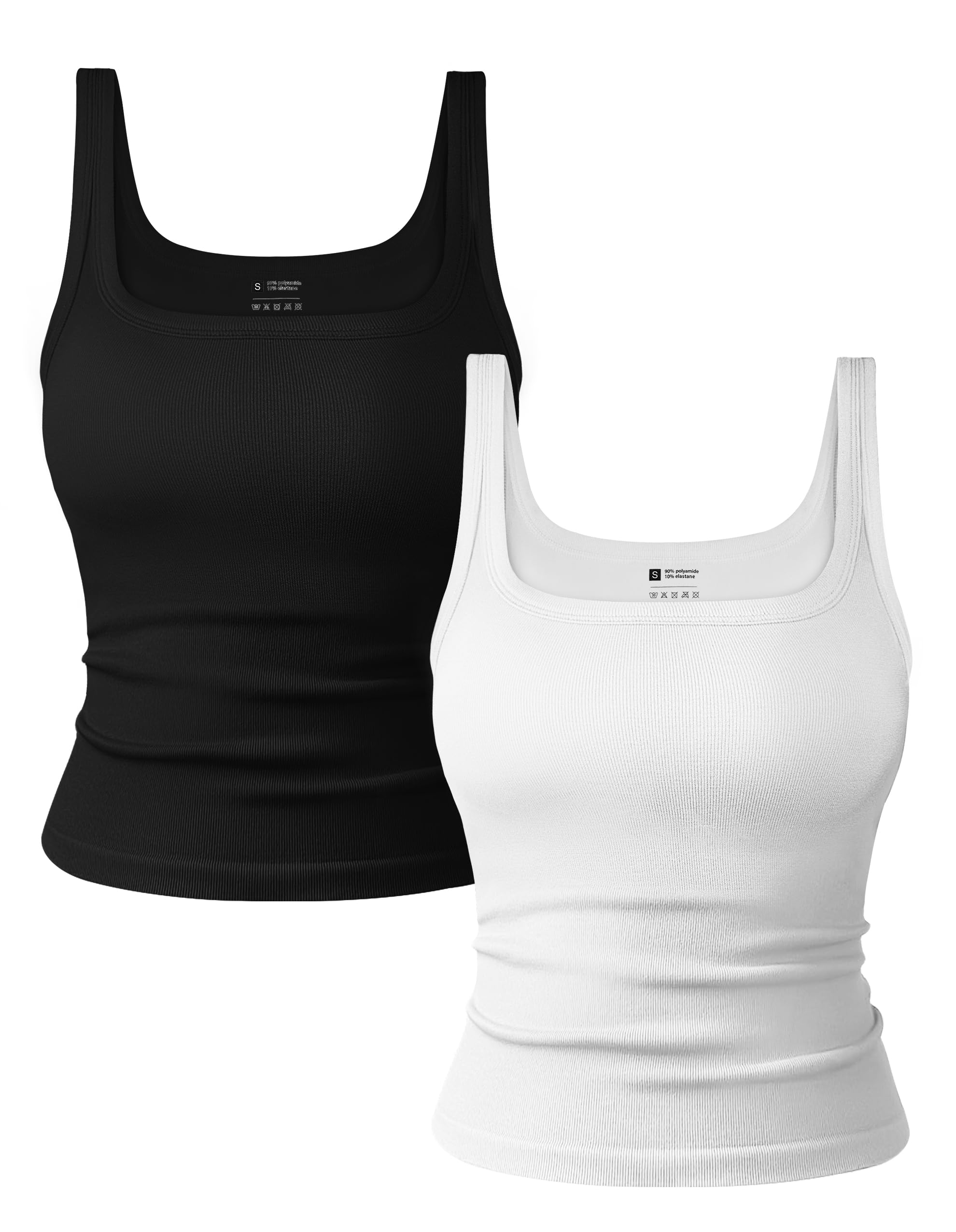 Photo 1 of OLCHEE Womens 2PK Square Neck Tank Tops Seamless Ribbed Trendy Going Out Basic Shirts 2025 Summer Slim Fit Cami - Black White Medium