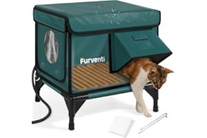 LAMLINGO Heated Cat House for Outside,Dual Camera Mounts,100% Weatherproof & Extremely Insulated,Elevated Feral Cat Shelter with Escape Door,Waterproof Eaves for Outdoor Stray Barn Cat(Dark Green,S)