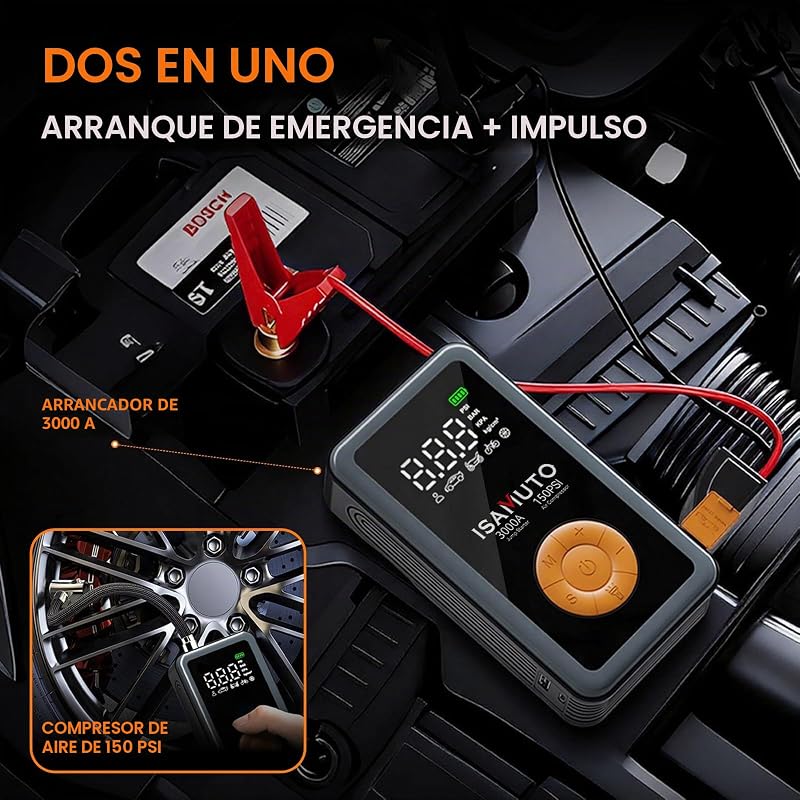 Motor de arranque 3000A com compressor de ar de 150 PSI, reforço de bateria de 12V para motores a gasolina de 7.0L e diesel de 6.0L, insuflador portátil com ecrã LCD e luz LED