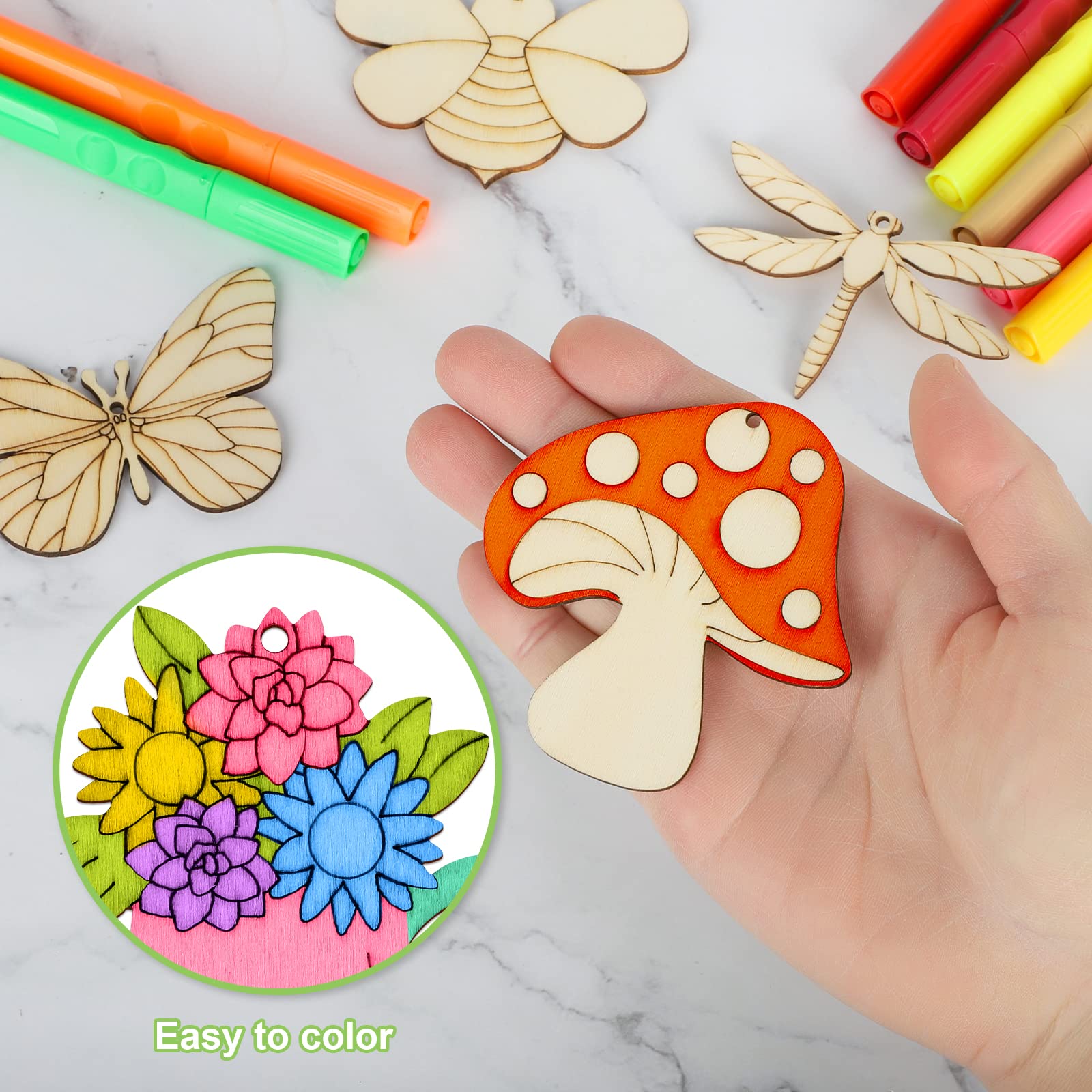 80PCS Wooden Spring Ornaments to Paint, 8 Styles DIY Blank Unfinished Wood Cutouts Ornament for Home Crafts Hanging Decorations, Insect Dragonfly Butterfly Snail Watering Can Mushroom Flower Shape