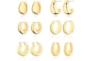 Wgoud Chunky Hoop Earrings Set 14K Gold Plated Hoop Earrings for Women Hypoallergenic, Thick Twisted Huggie Hoops Earring Set