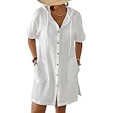 Bsubseach Womens Swimsuit Cover Up Shirt Button Down Short Sleeve Bathingsuit Coverups Hooded Beach Coverup With Pockets