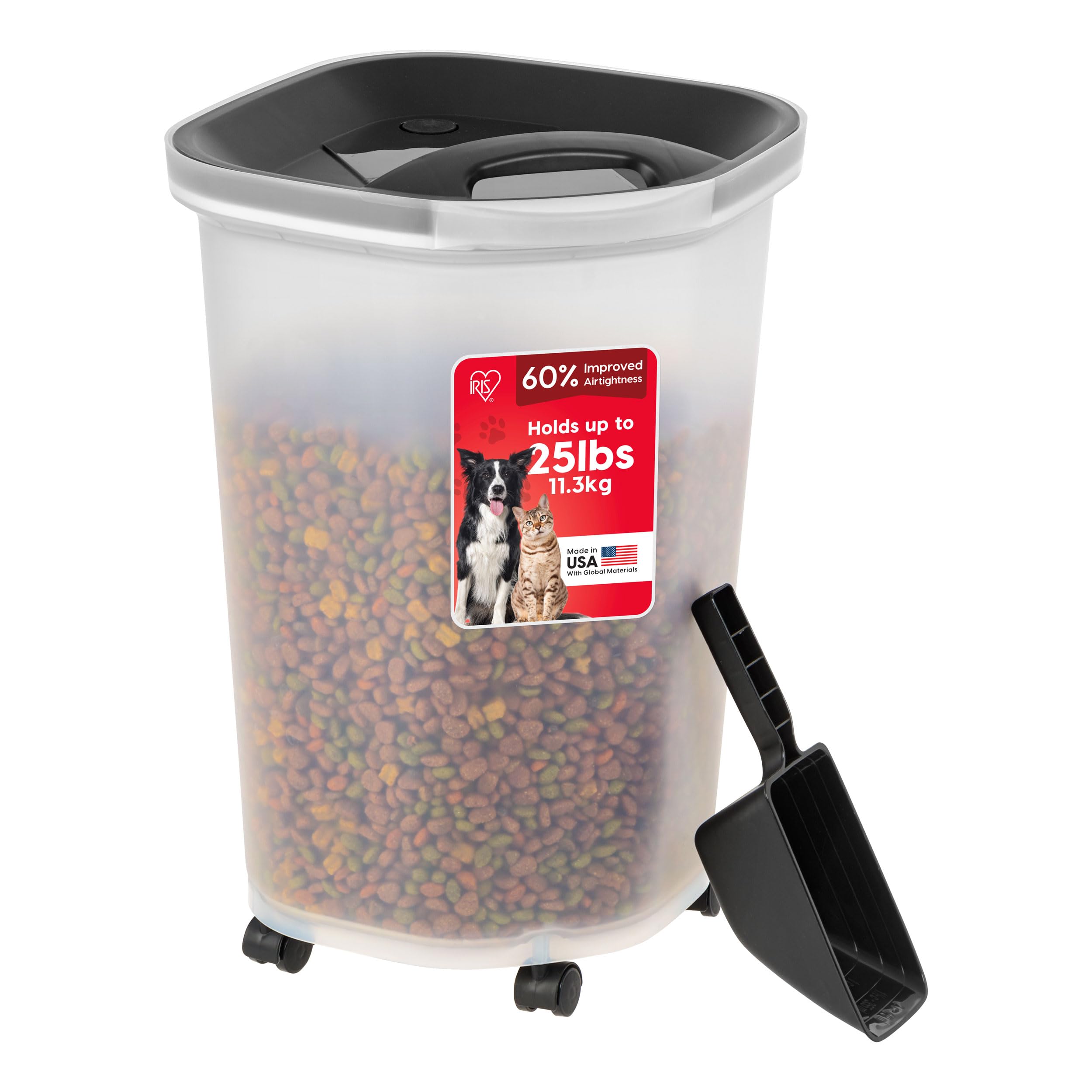 Photo 1 of IRIS USA Pet Food Storage Container 25 lbs, Premium 60% Improved Airtight Seal with Air Valve, 2 Cup Scoop, Removable Wheels, Easy to Open - Made in the USA, Black
