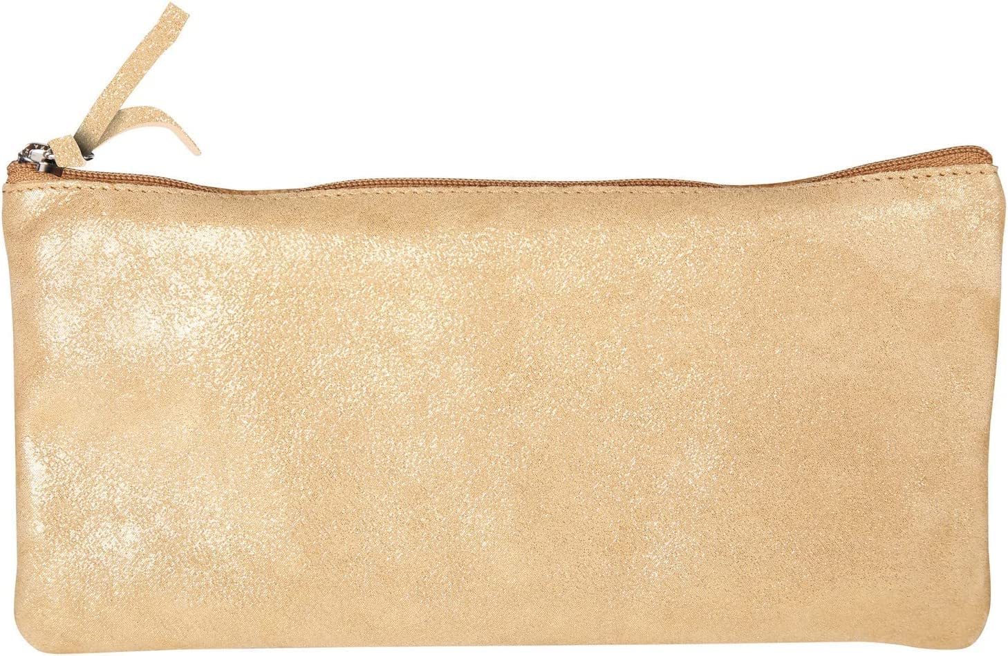 Clairefontaine - Ref 410017C - Céleste' Leather Flat Pencil Case - 22 x 11cm, Made From Genuine Lambskin Leather, Metal Zip With Leather Puller - Disco Gold