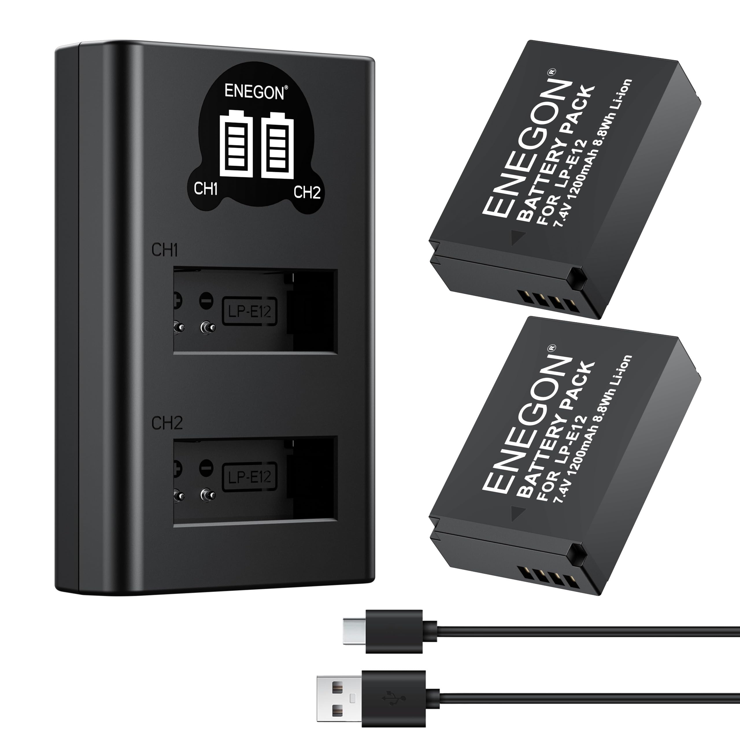 ENEGON LP-E12 Battery and Smart LED Charger Kit for Canon EOS M50, M50 Mark II, M, M2, M10, M100, M200, Rebel SL1, PowerShot SX70 HS SLR Cameras.