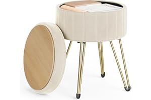 SONGMICS Vanity Stool Chair, Small Ottoman Stool with Storage, Velvet Makeup Stool, 15.4 Dia. x 17.5 H Inches, Cream White UL
