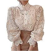 Womens Victorian Tops Dressy Casual Button Blouses Lantern Sleeve Vintage Pleated Embroidered Lace Halloween Shirts