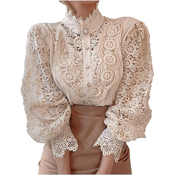 トップス BLOSSOM LACE TOPS Women's Vintage Lace Floral Shirts Casual Elegant Turtleneck