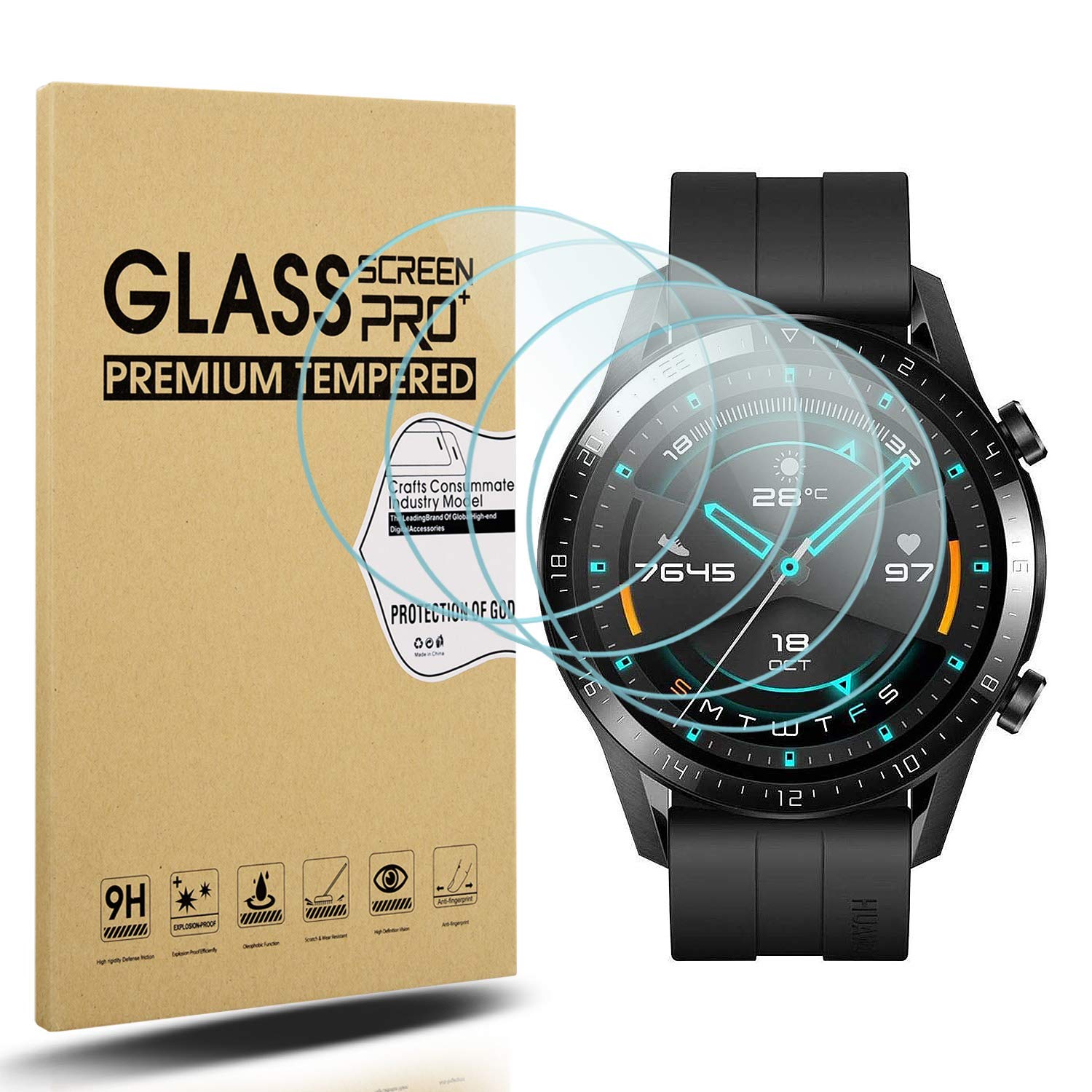 Diruite 4 Packs Compatible for Huawei Watch GT 2 (46mm) Tempered Glass Screen Protector,HD High Resolution Bubble Free for Huawei Watch GT 2 46mm-Transparent