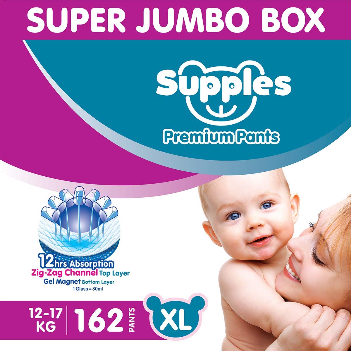 Supples Baby Diaper Pants XL Pack of 3 Super Jumbo Box (162 Piece) Rs