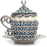 Alisveristime Turkish Coffee Cup Set - Authentic Turkish Greek Arabic Coffee Espresso Cup with Saucer (Enhance Your Coffee Experience Now!) (1 Pc) (Evil Eye Gelincik Design) (Silver)