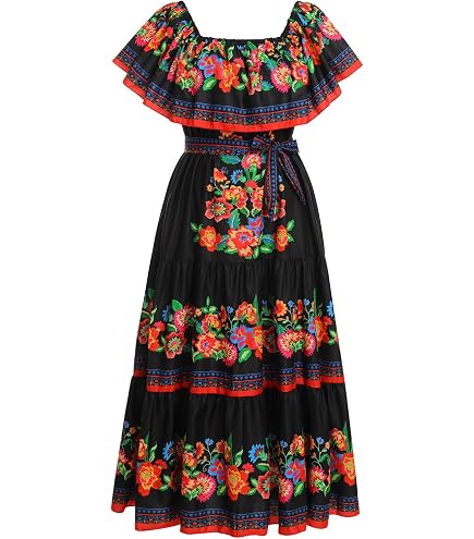 fiesta dresses Mexican Dress for Women Off Shoulder Floral Lace Maxi Traditional Bohemian Holiday Beach Sundress Folklorico Dance Costume Tropical Summer Mexico Clothes Black S : Clothing, Shoes & Jewelry Blue Dress style:Dress with 3D flower Bolero recently_added_2025-05-06 Zara drops summer's most down silhouette with the