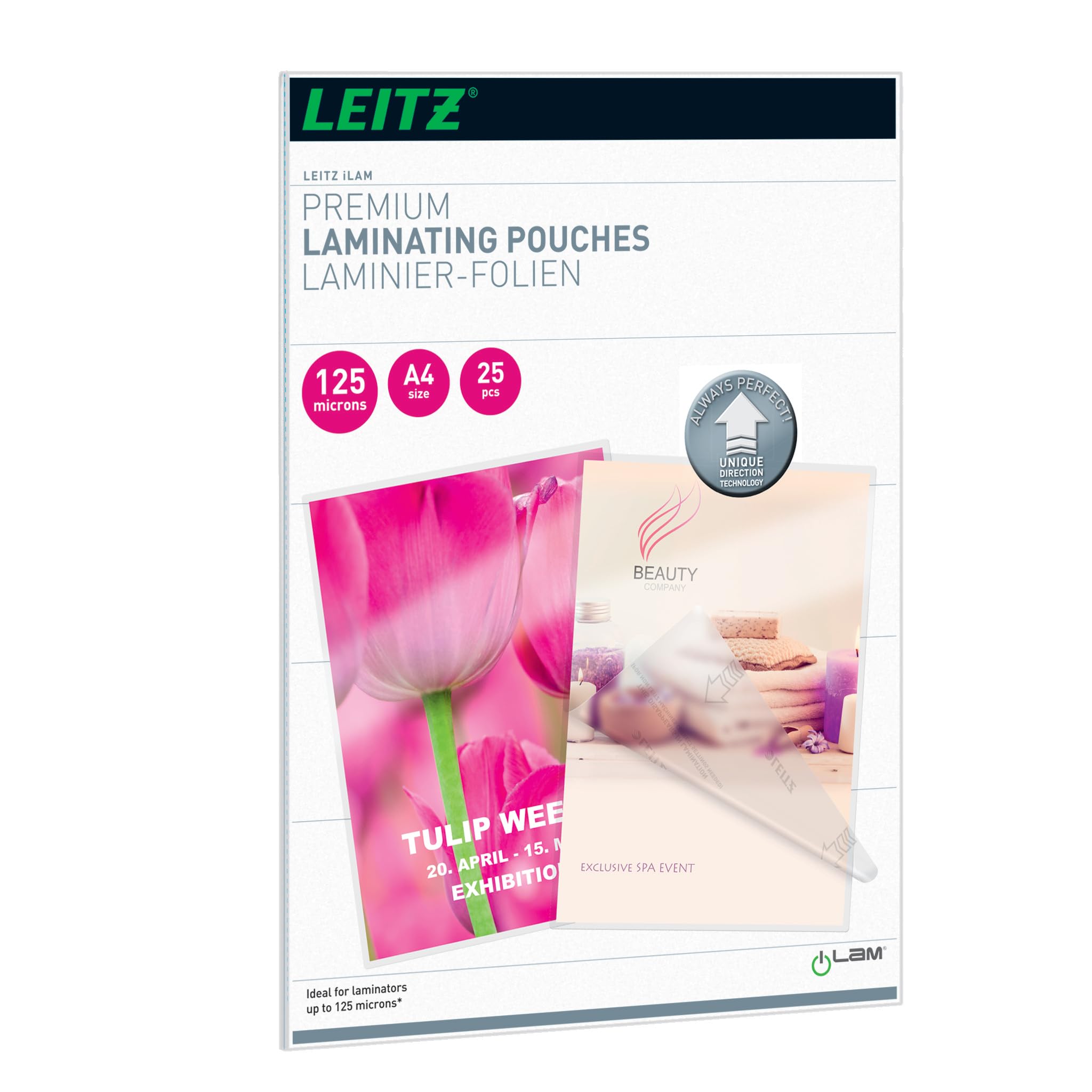 Leitz 74820000 Laminating Pouches Made of 125 Micron Thick Materia (Transparent, Glossy, A4 and UDT) - Pack of 25