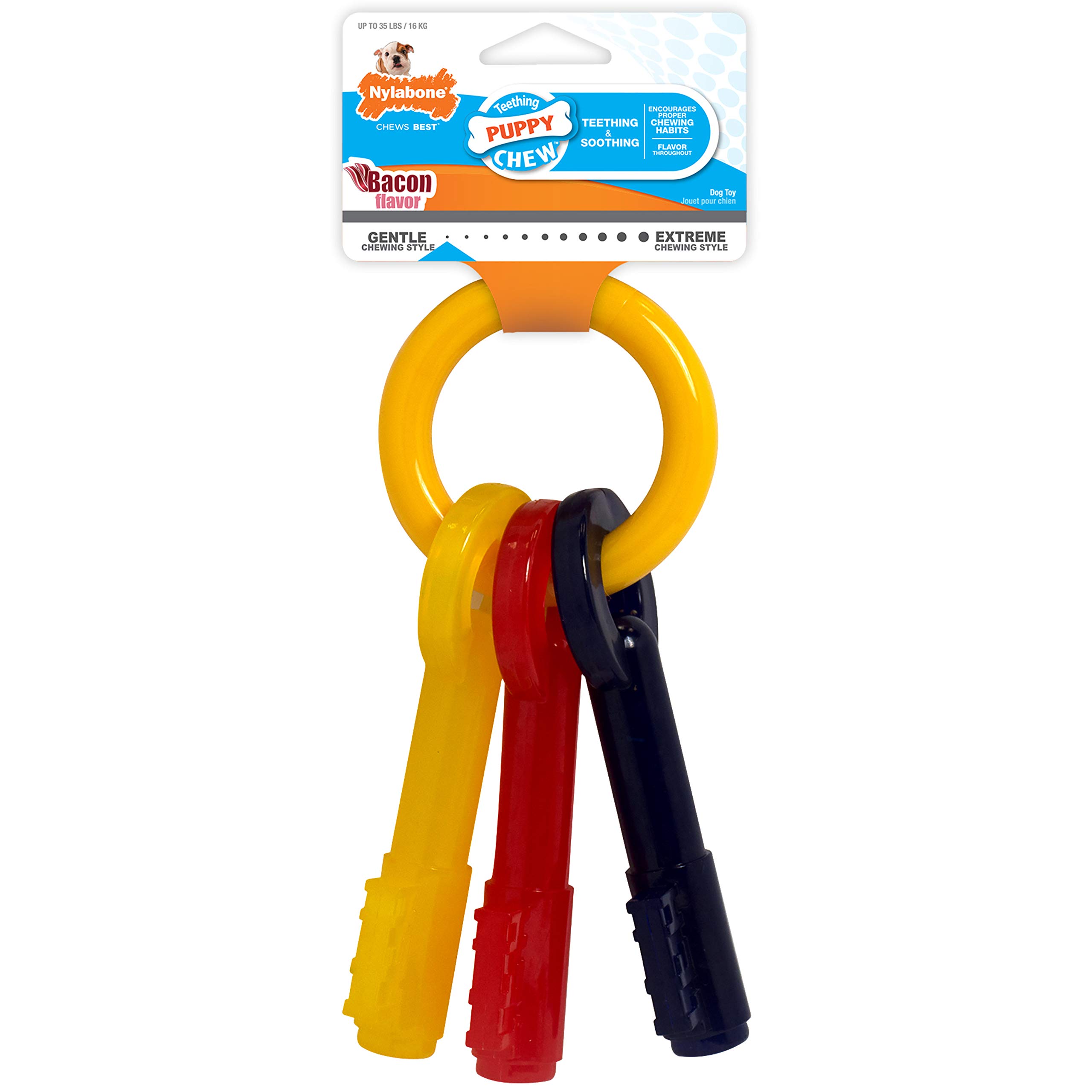 Photo 1 of Nylabone Puppy Chew Key Ring Toy, Toys for Teething Puppies, Multi Color, Bacon Flavor, Medium - Up to 35 lbs, 1 Count