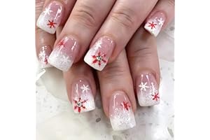 LOPMNGHT Christmas Press on Nails Short Square Artificial Acrylic False Nails Snowflake with Glitter Design Stick on Nail Full Cover Rhinestones Artificial Fingernails for Women Manicure 24Pcs