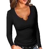 PALINDA Women's Ribbed Fitted Long Sleeve Shirts Basic Notch V Neck T Shirts Layering Tee Tops