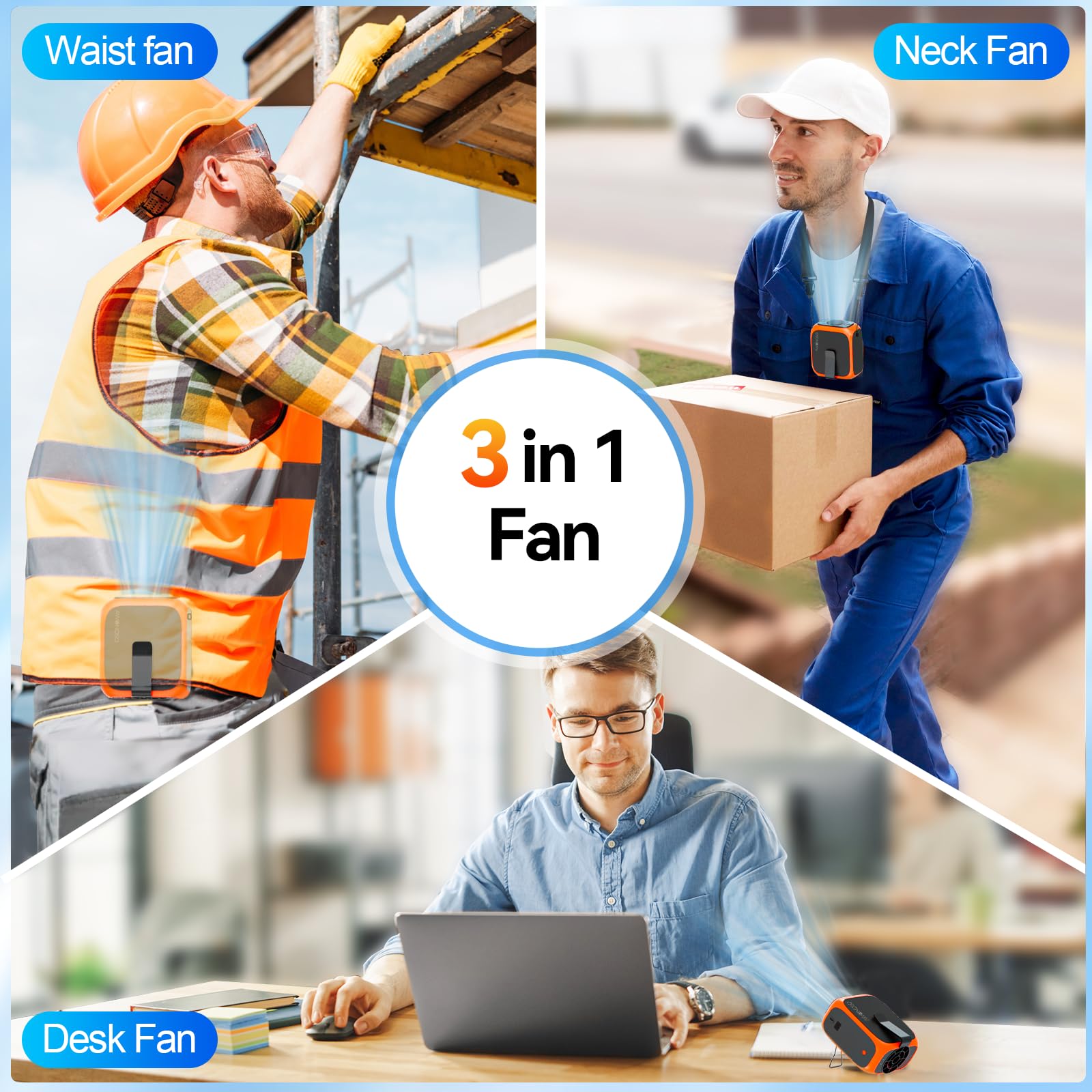 16000RPM Portable Waist Fan Clip in Wearable Belt Personal Fan, 14000mAh Minimum Gear Endurance Up to 24 hours, 3 Speed Neck Desk Fans, Wearable Body Shirt Belt Fans Outdoor, Worksite (Gray)