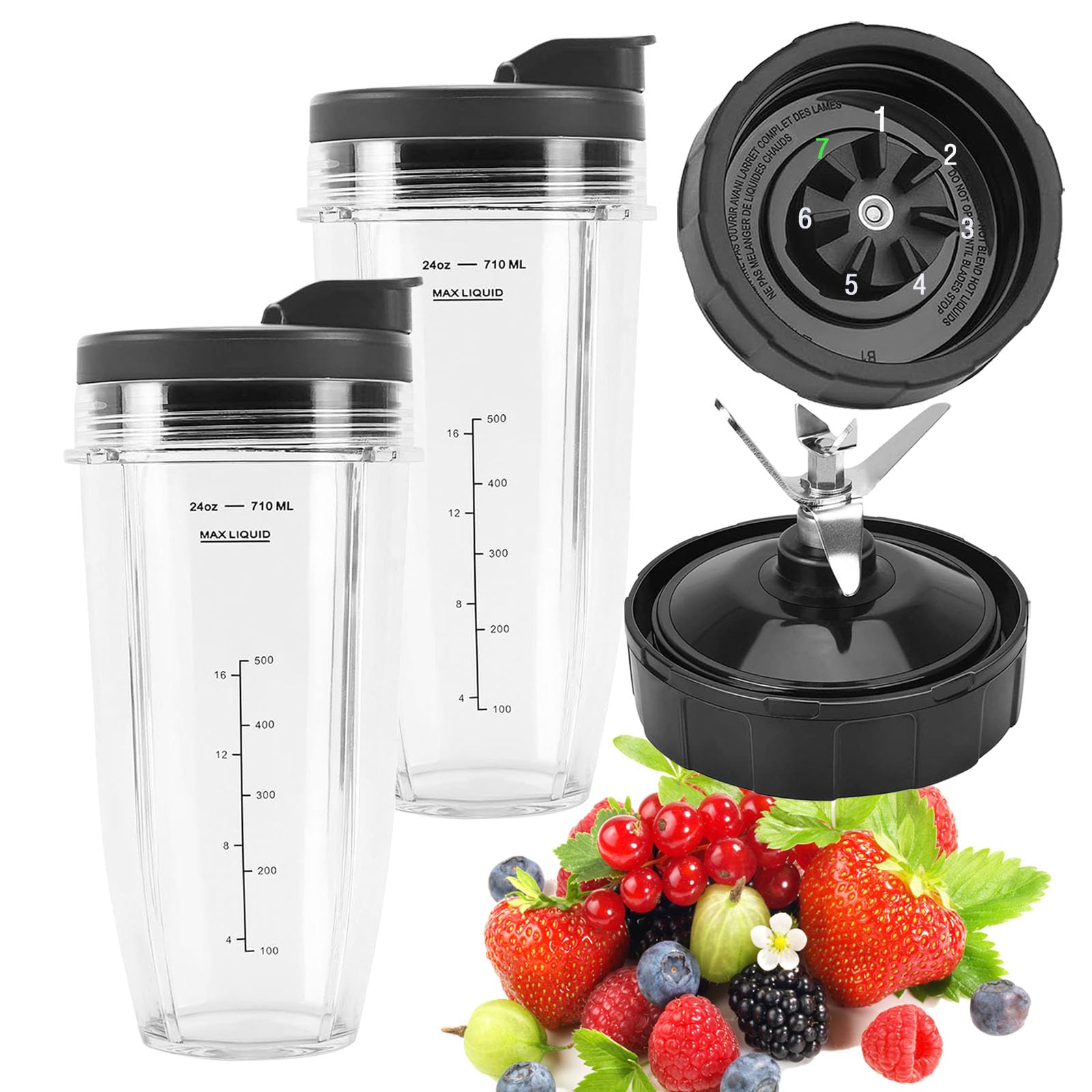 2 Pack 24oz Ninja Blender Cups Replacement Parts with To-Go Lids, 7 Fins Ninja Blender Blade for Ninja BL2012 BL480-30 BL482-30 BL640-30 BL642-30 BL682-30 NN102 BN401 BN751 BN801