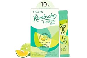 TEAZEN Green Mandarin Lime Kombucha Tea, Hydration Drink Mix, Sugar Free, Live Probiotics & Prebiotics, 10 Sticks, 1.76oz